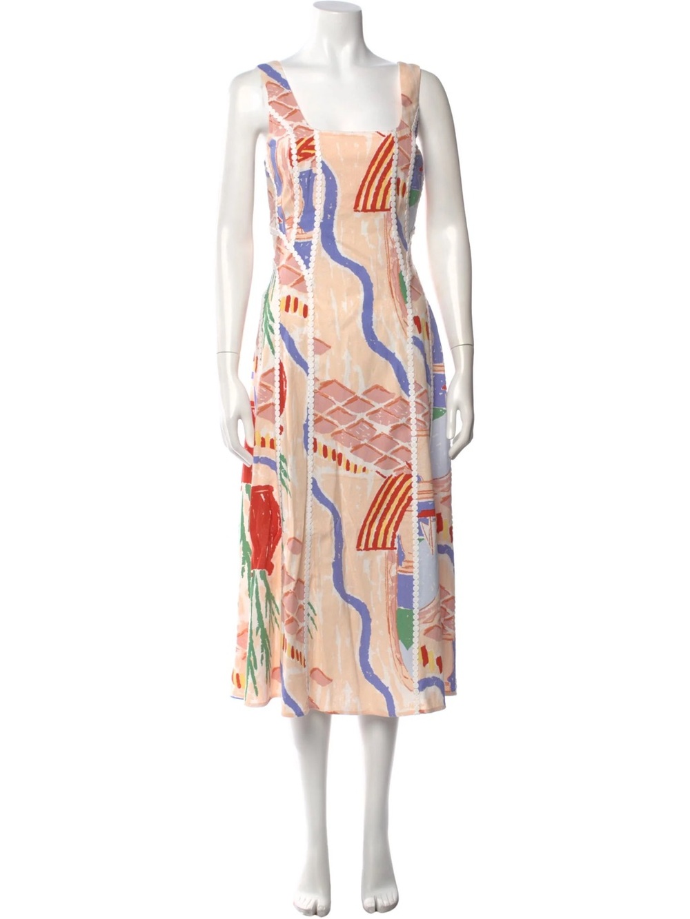 Christian Lacroix Peach Abstract Print Midi Dress with Multicolor Accents